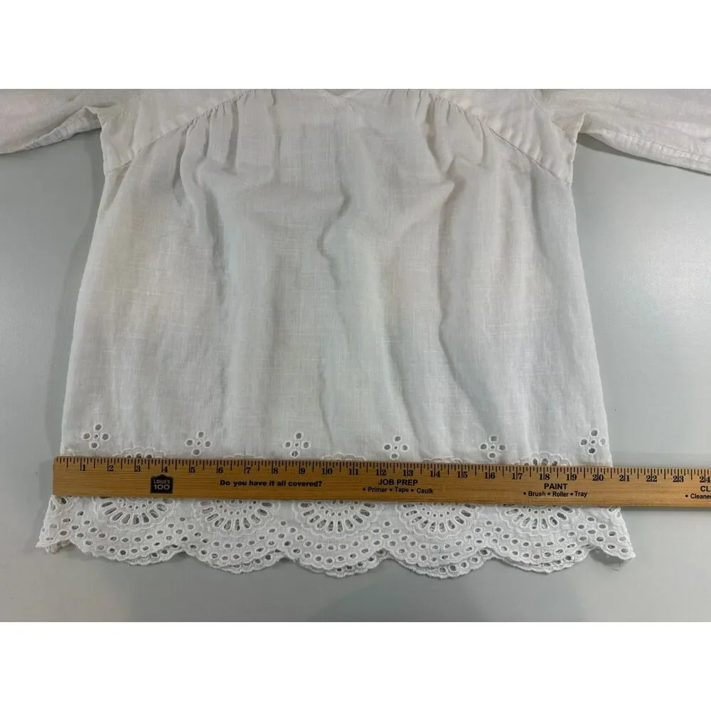 J.Crew Womens Small White Linen Cotton Eyelet Embroidered Peasant Tunic Blouse